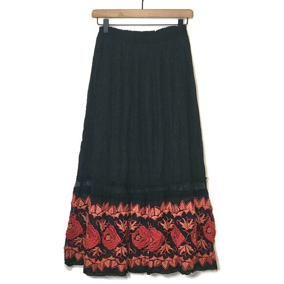 Free People Black Floral Embroidered Skirt Midi Roses Flowy Boho Bohemian Small - Picture 15 of 15